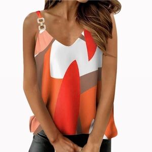 EKY& WOMEN M MULTICOLOR GEOMETRIC CHAIN ACCENT SATIN SLEEVELESS TANK TOP Y2K